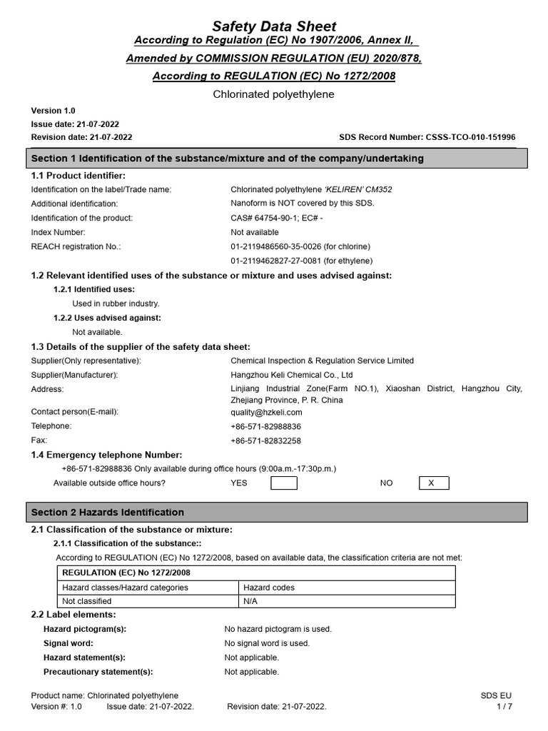 Chlorinated Polyethylene Safety Data Sheet | PDF | Toxicity | Personal ...
