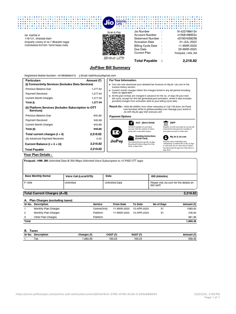 JioFiber Internet Billing Statement | PDF | Payments | Banks