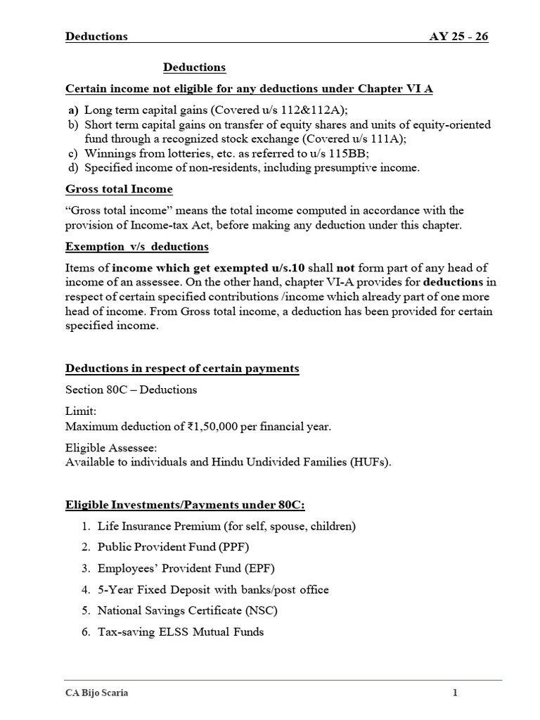 Deductions Overview for AY 25-26 | PDF | Tax Deduction | Pension