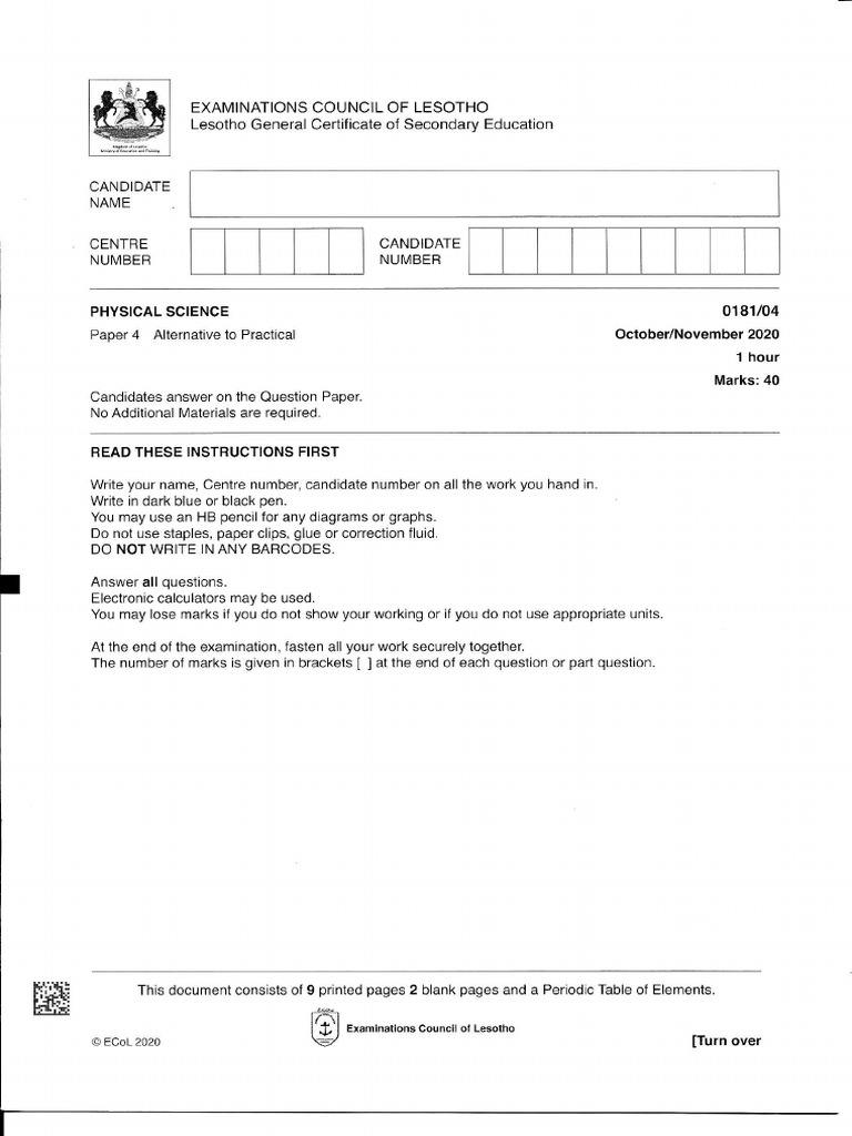 Physical Science Paper 4 Exam 2020 | PDF | Force | Metre