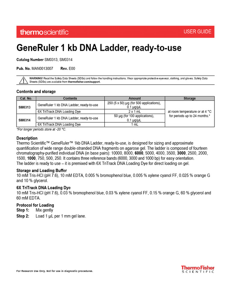 MAN0013007 GeneRuler 1kb DNALadder RTU 50ug UG | PDF | Agarose Gel ...