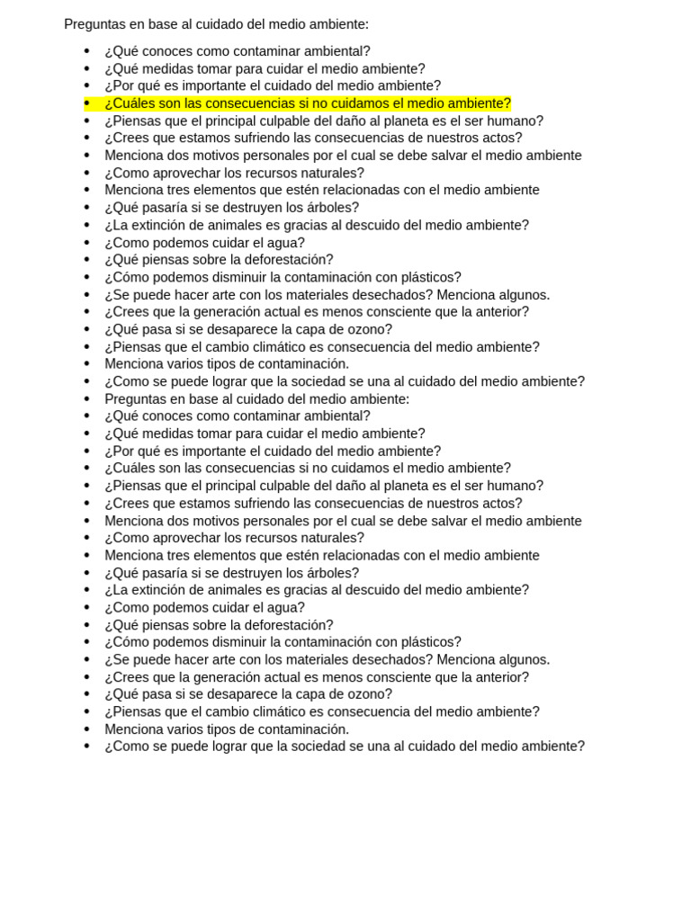 Preguntas sobre el cuidado del medio ambiente | PDF | Entorno natural ...