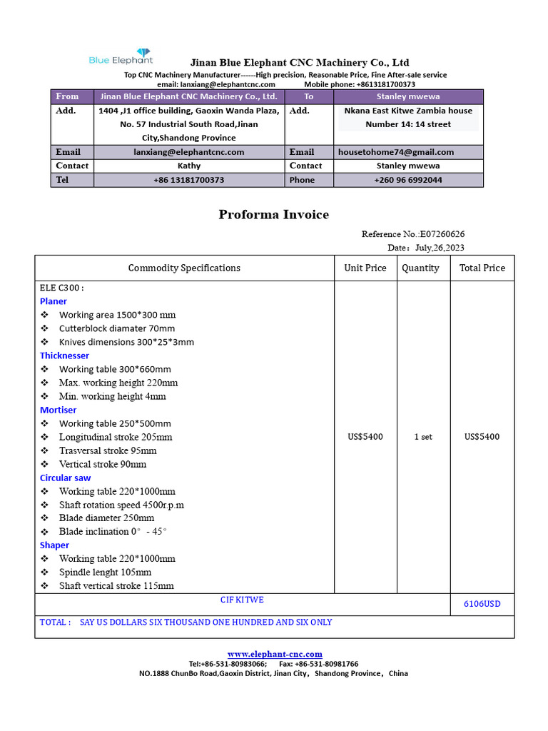 Proforma Invoice for CNC Machinery Order | PDF
