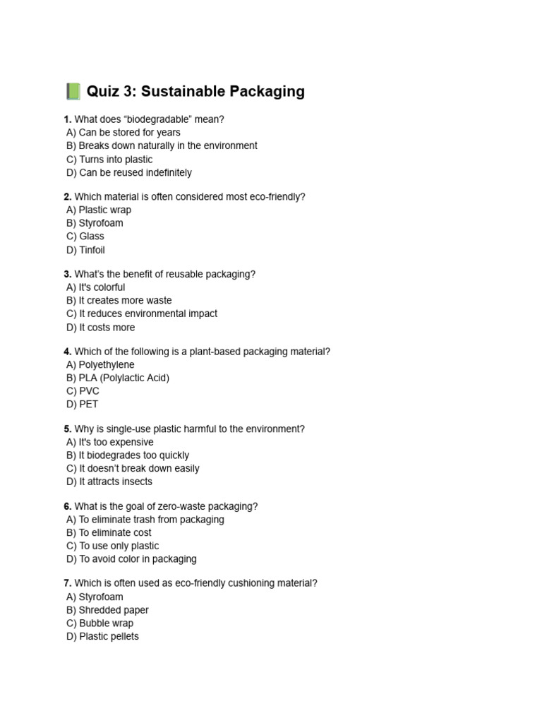 Sustainable Packaging Quiz Questions | PDF