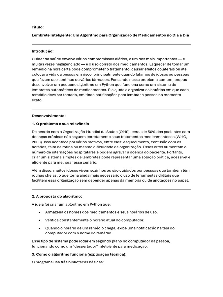 Algoritmo de Lembrete de Medicamentos em Python | PDF | Algoritmos ...