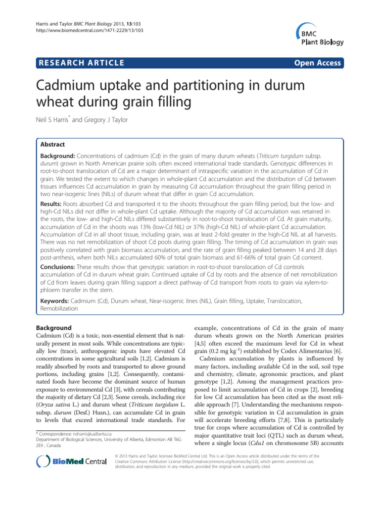 Cadmium Uptake and Partitioning in Durum Wheat During Grain Filling ...