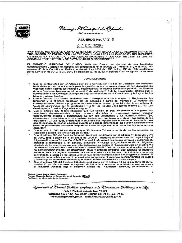 Acuerdo 028 de 2020 | PDF