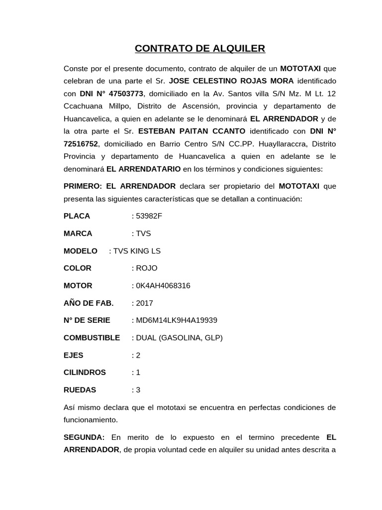 Contrato de Alquiler de Mototaxi 2024 | PDF | Vehículos | Vehículos ...
