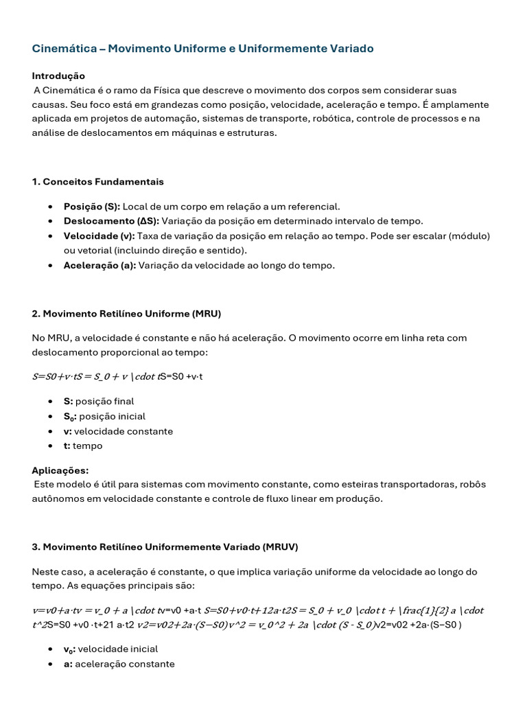 Cinemática: MRU e MRUV Explicados | PDF | Velocidade | Física