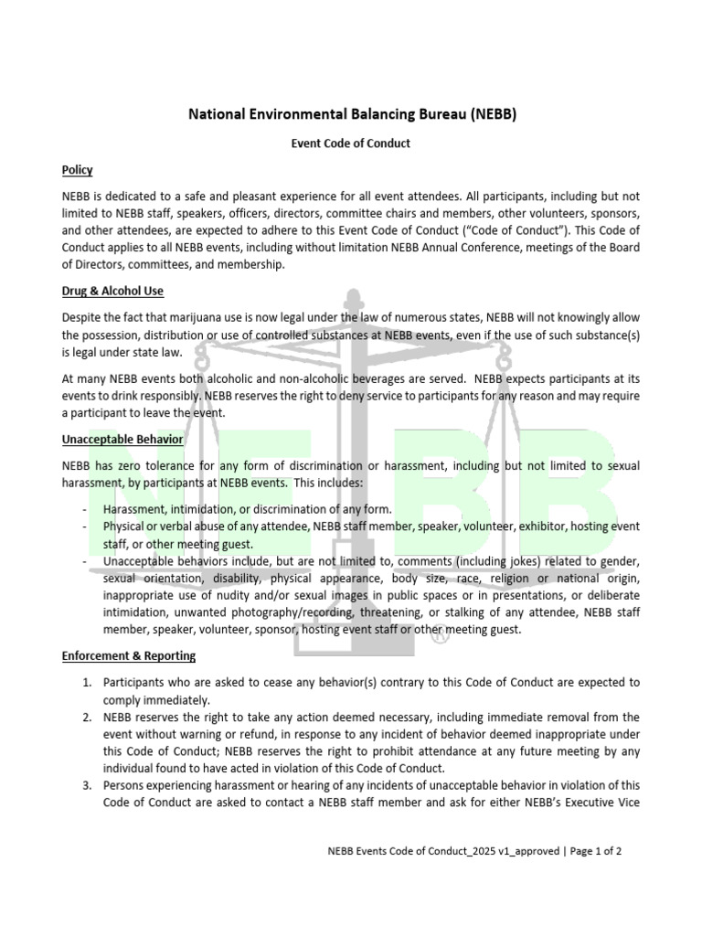 NEBB Events Code of Conduct 2025 Draft v1 Approved 1 | PDF | Harassment ...