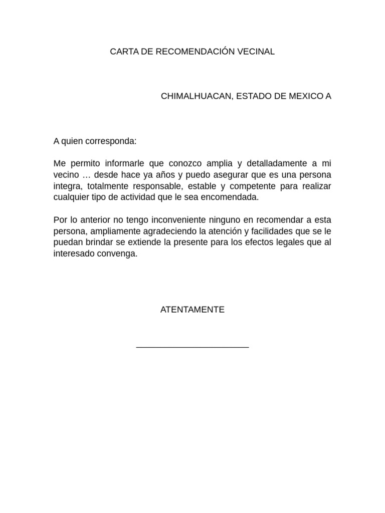 Carta de Recomendación Vecinal | PDF