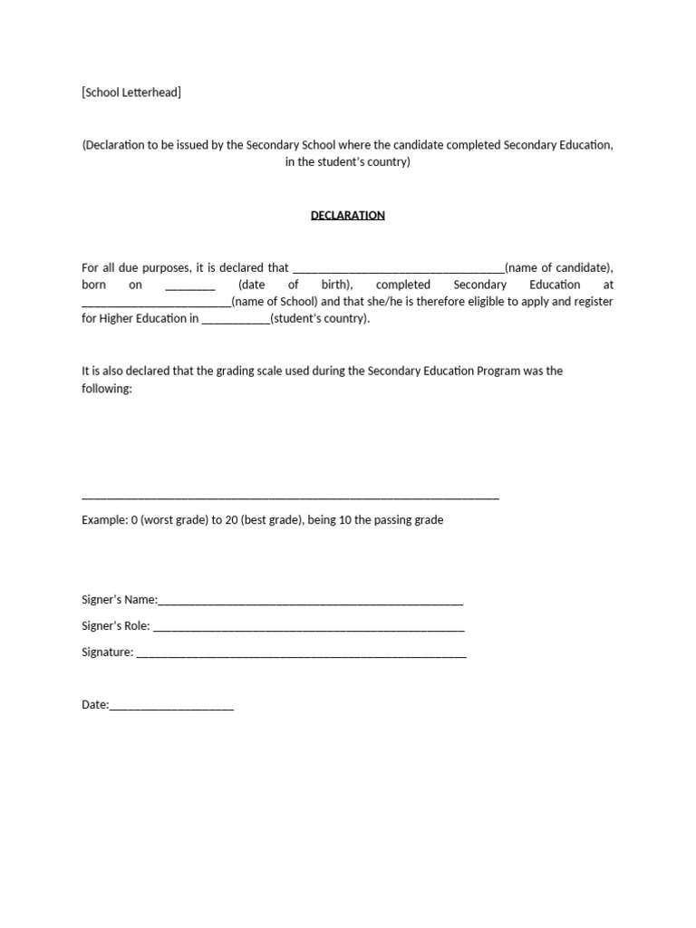 Secondary Education Declaration Template | PDF