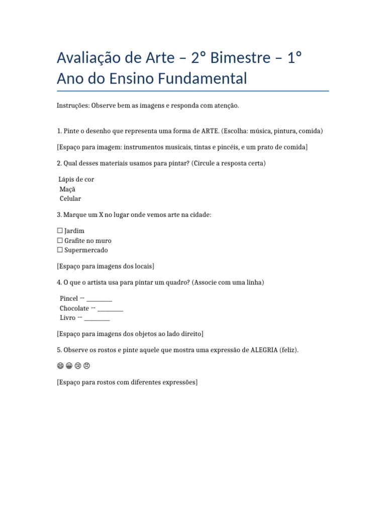 Avaliação de Artes - 2º Bimestre 1º Ano | PDF