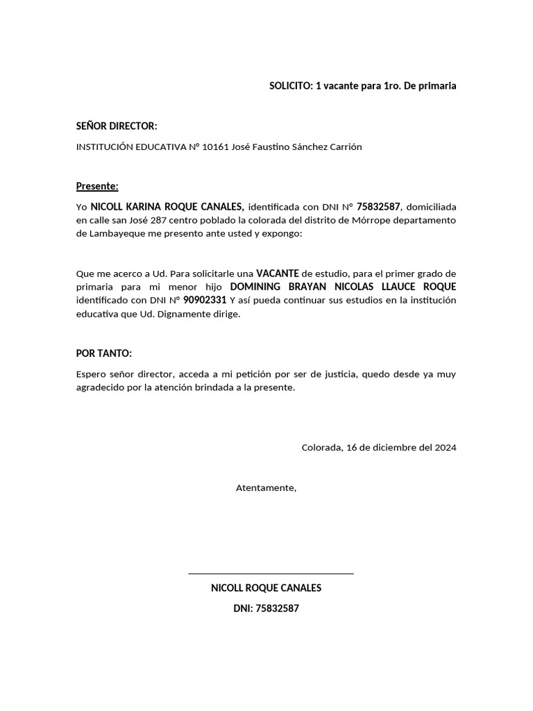 Solicitud de Vacante 1° Primaria 2024 | PDF