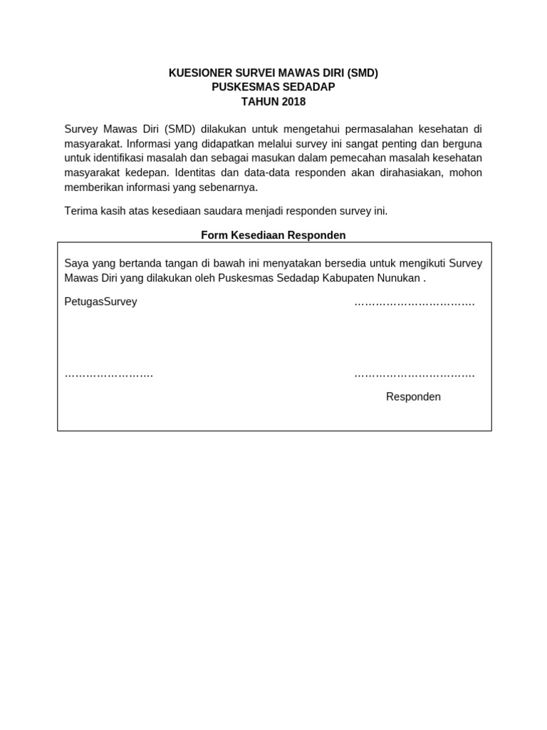Form Kesediaan Responden Kuesioner Survei Mawas Diri 2018 | PDF