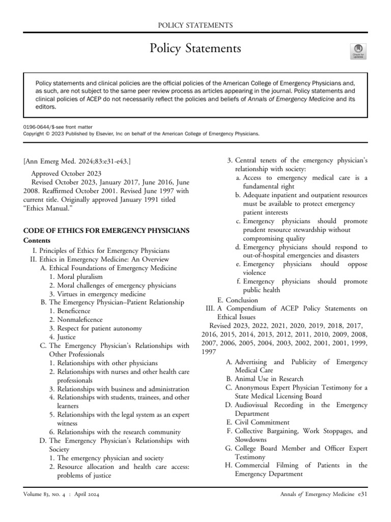 ACEP Code of Ethics for Emergency Physicians | PDF | Informed Consent ...