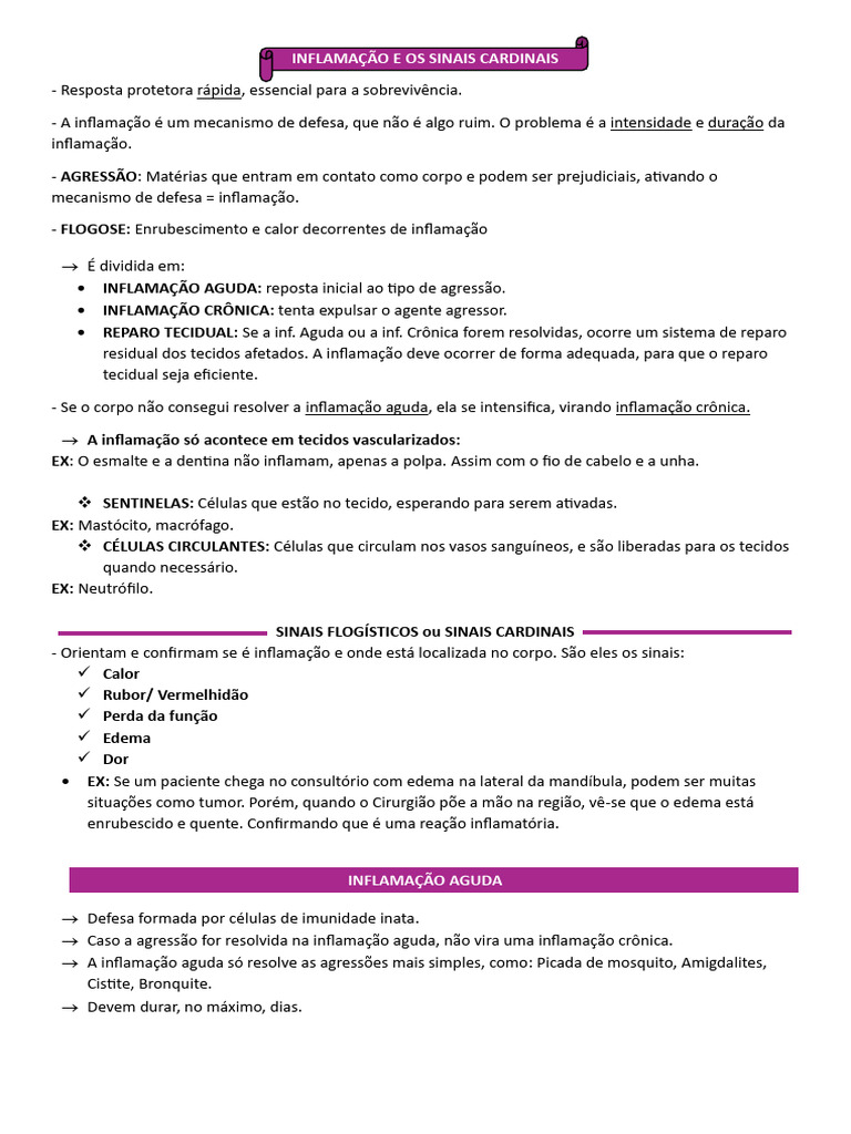 Inflamação e Os Sinais Cardinais - Aula 3 | PDF | Inflamação | Sistema ...