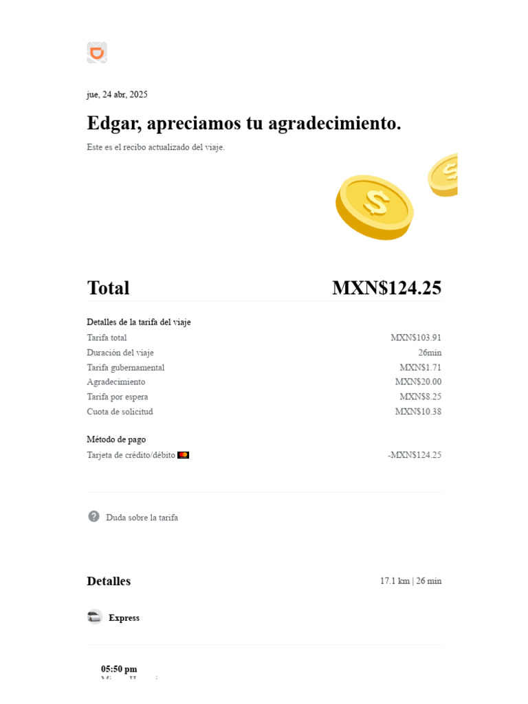Recibo de viaje DiDi: MXN$124.25 | PDF