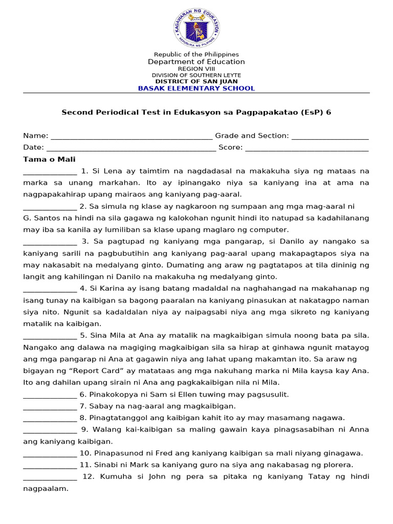 Second Periodical Test in EsP 6 | PDF
