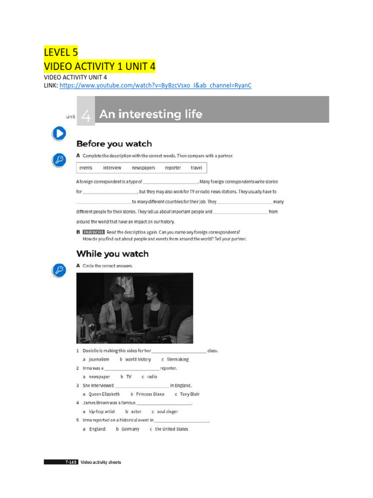 Level 5 Video Activities Unit 4 | PDF