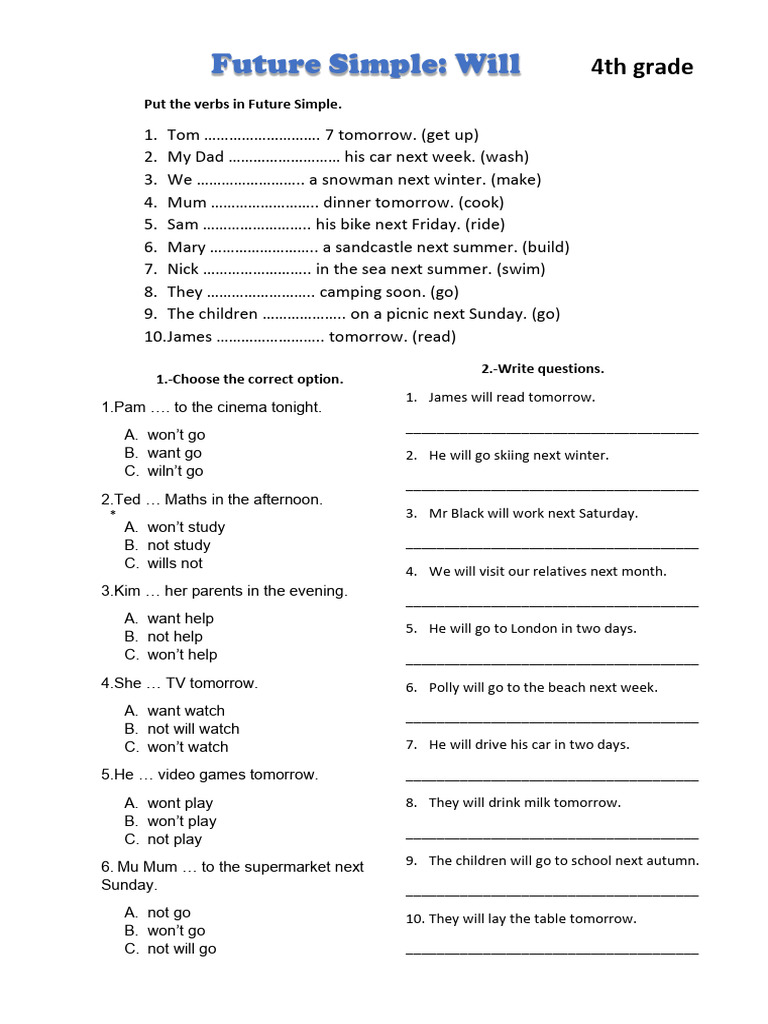 Future Simple Tense Exercises for 4th Grade | PDF | Chess Openings ...