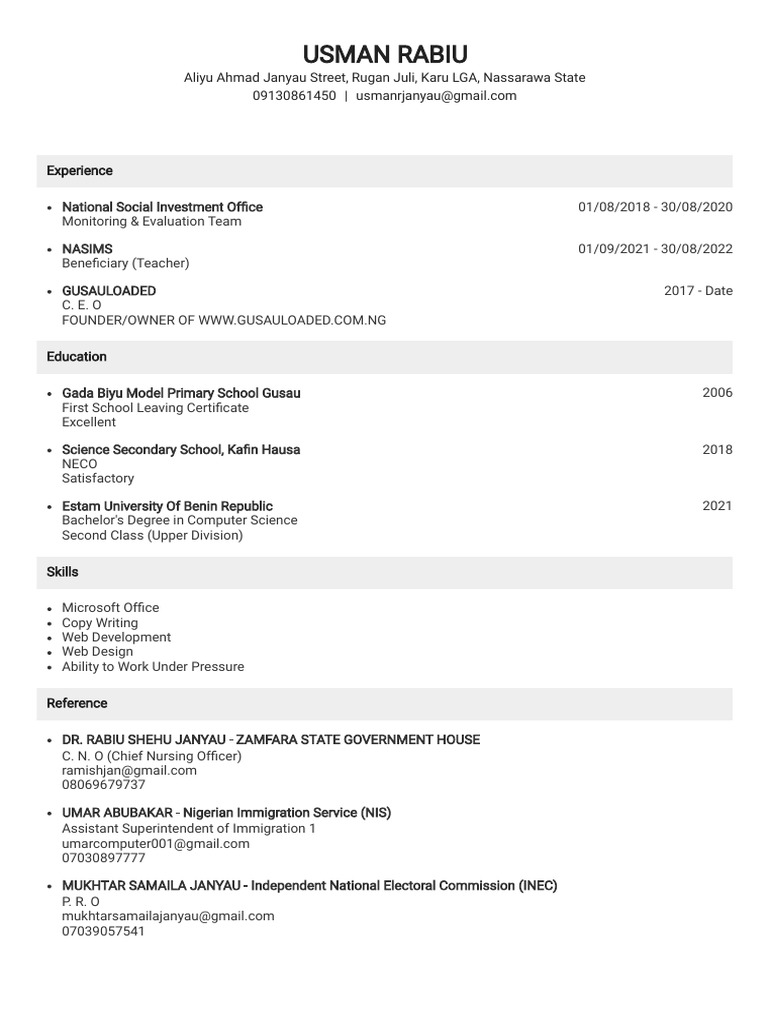 Usman Rabiu's Professional Profile | PDF