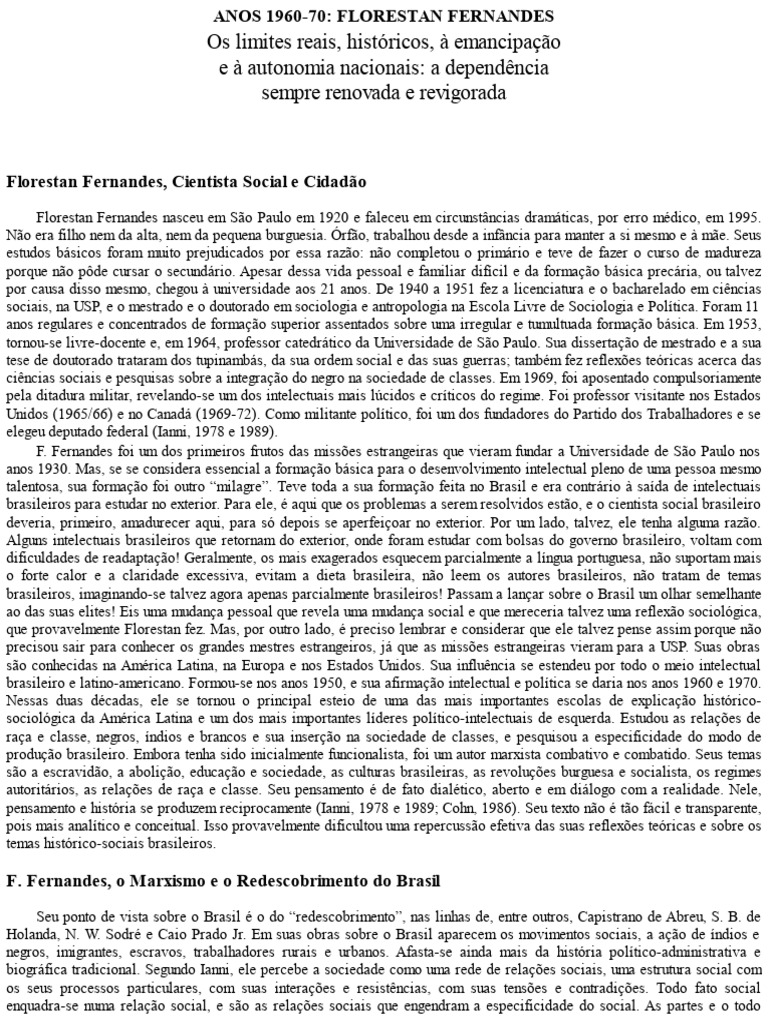 Florestan Fernandes: Impacto Social e Político | PDF | Sociologia ...