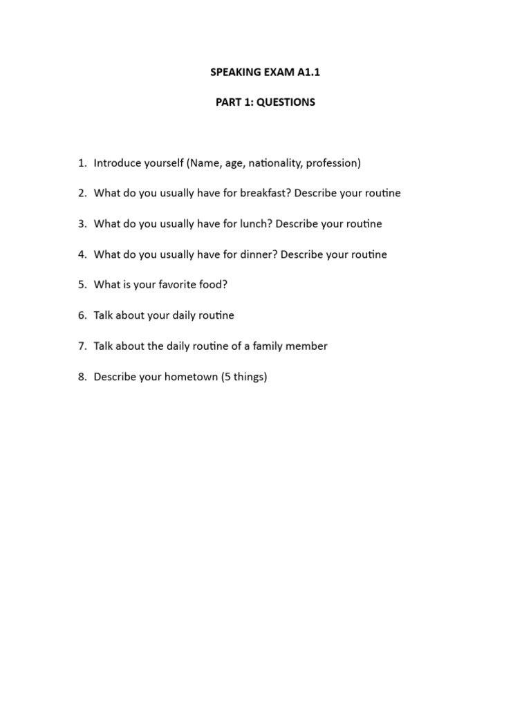 A1.1 Speaking Exam Questions Guide | PDF