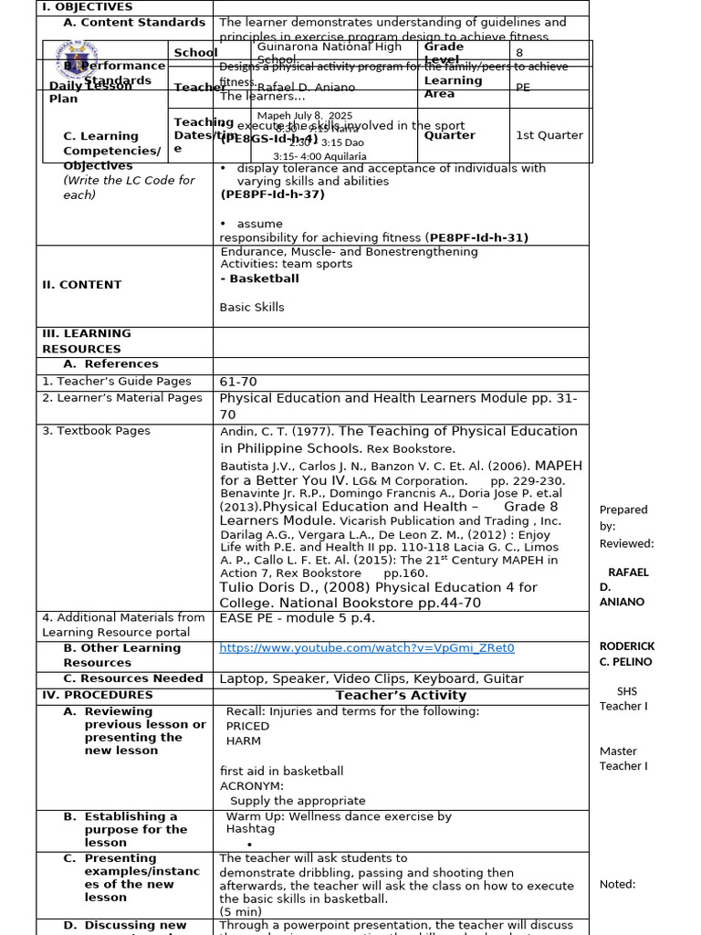 Grade 8 PE Daily Lesson Plan | PDF | Physical Education | Learning