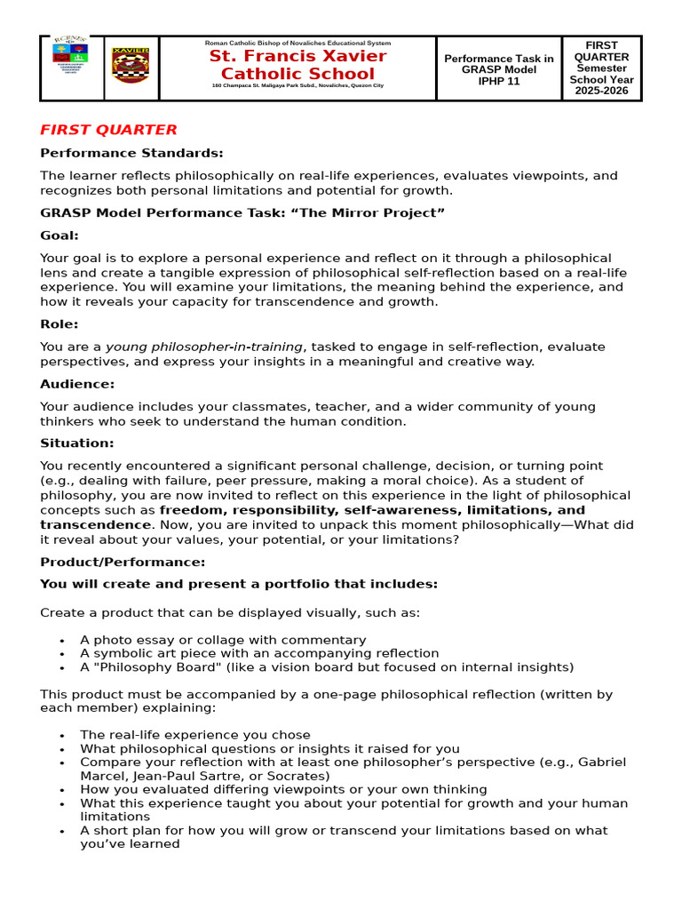 First Quarter Philosophy Performance Task | PDF | Experience | Thought