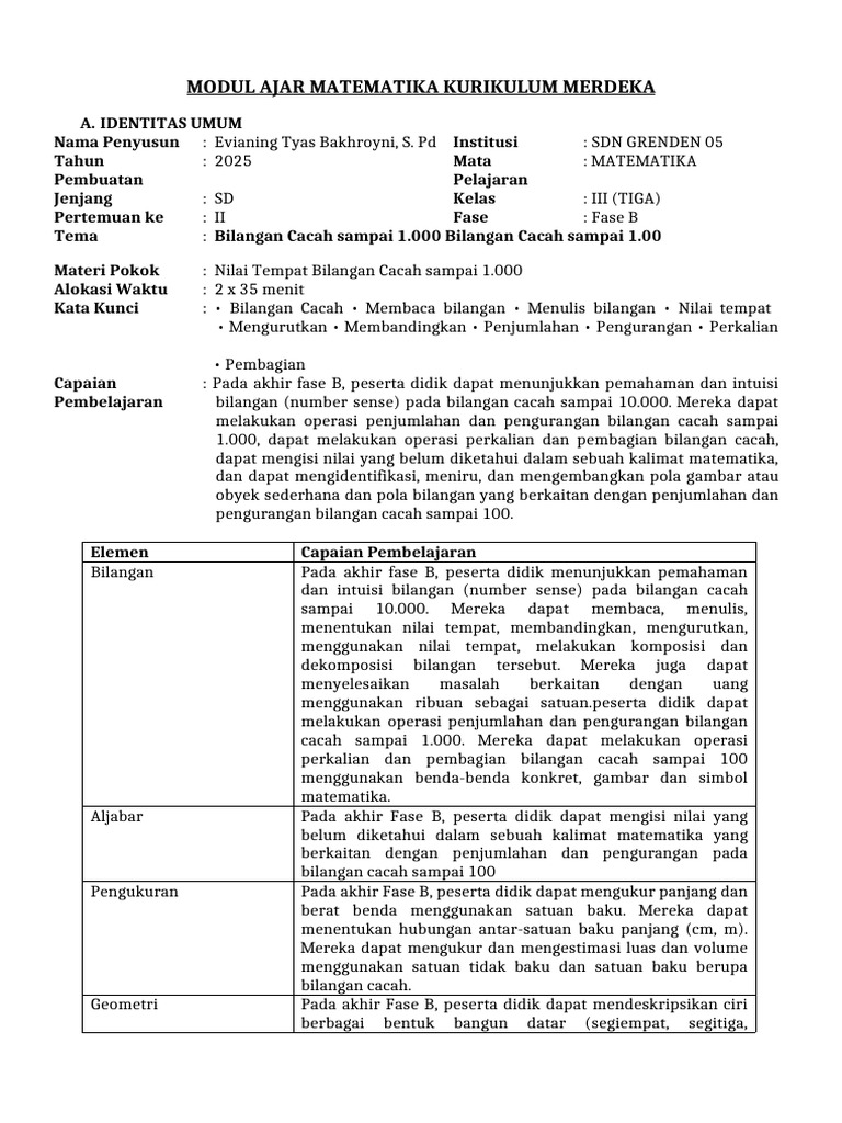 Modul Ajar Matematika Kelas 3 SD | PDF
