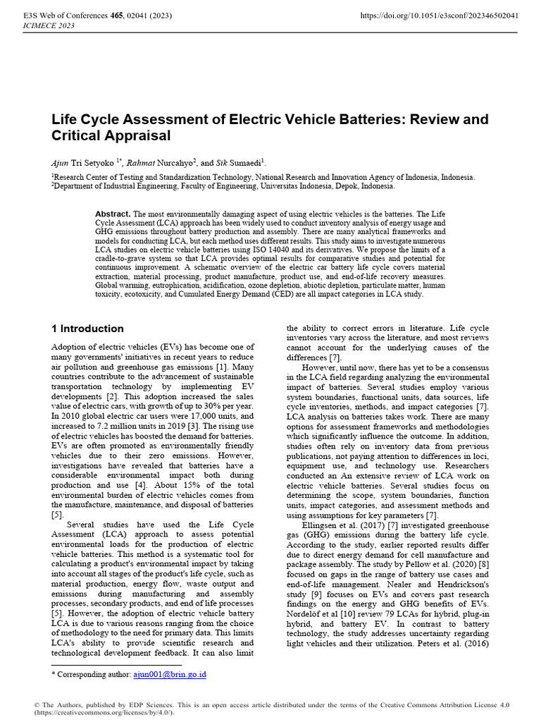 Electric Vehicle Battery Life Cycle Assessment | PDF | Life Cycle ...