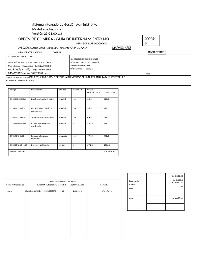 Orden de Compra para Kit de Limpieza | PDF