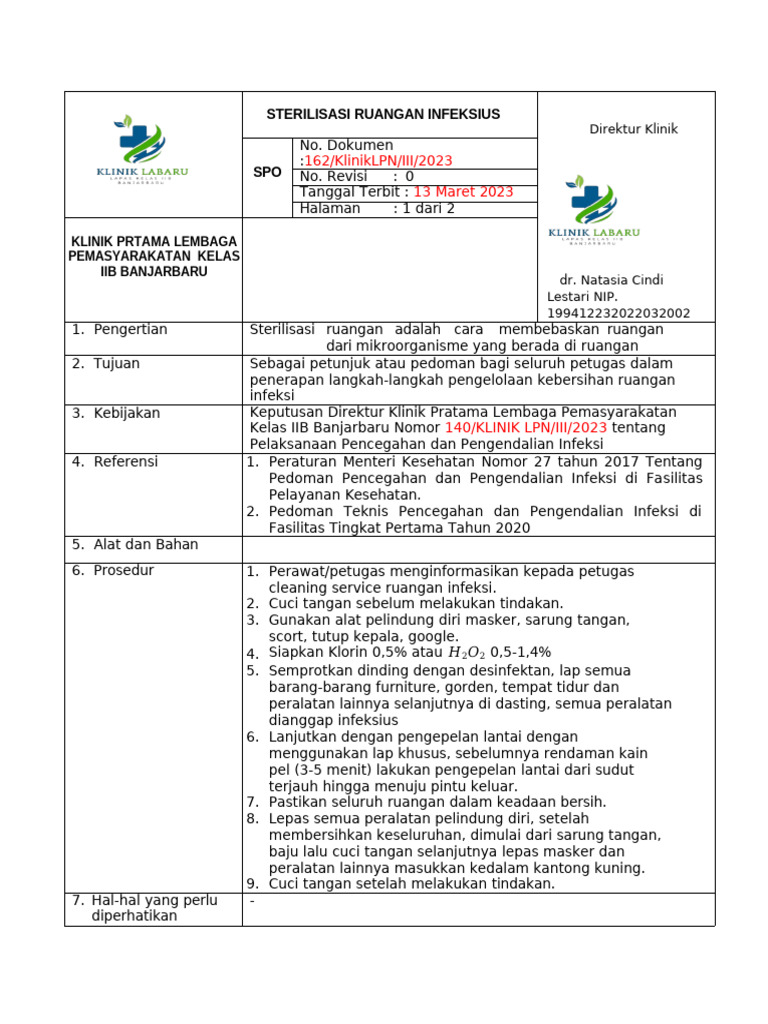 Prosedur Sterilisasi Ruangan Infeksius | PDF
