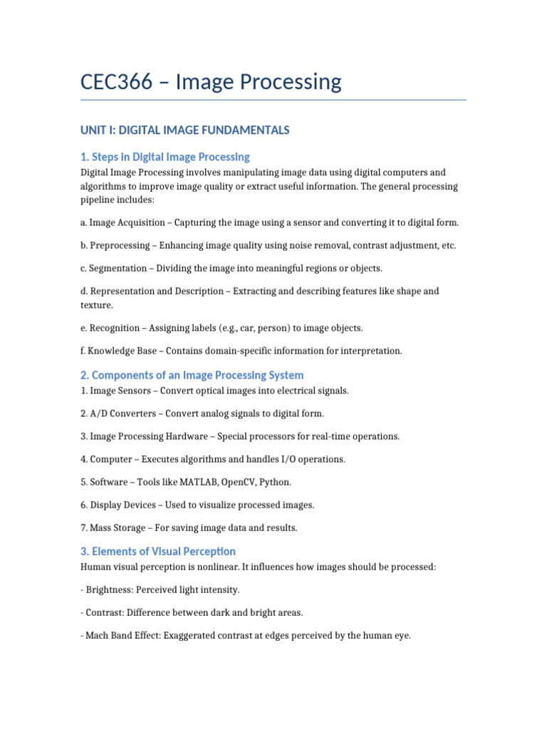 CEC366 UNIT1 Image Processing | PDF | Digital Image | Analog To Digital ...