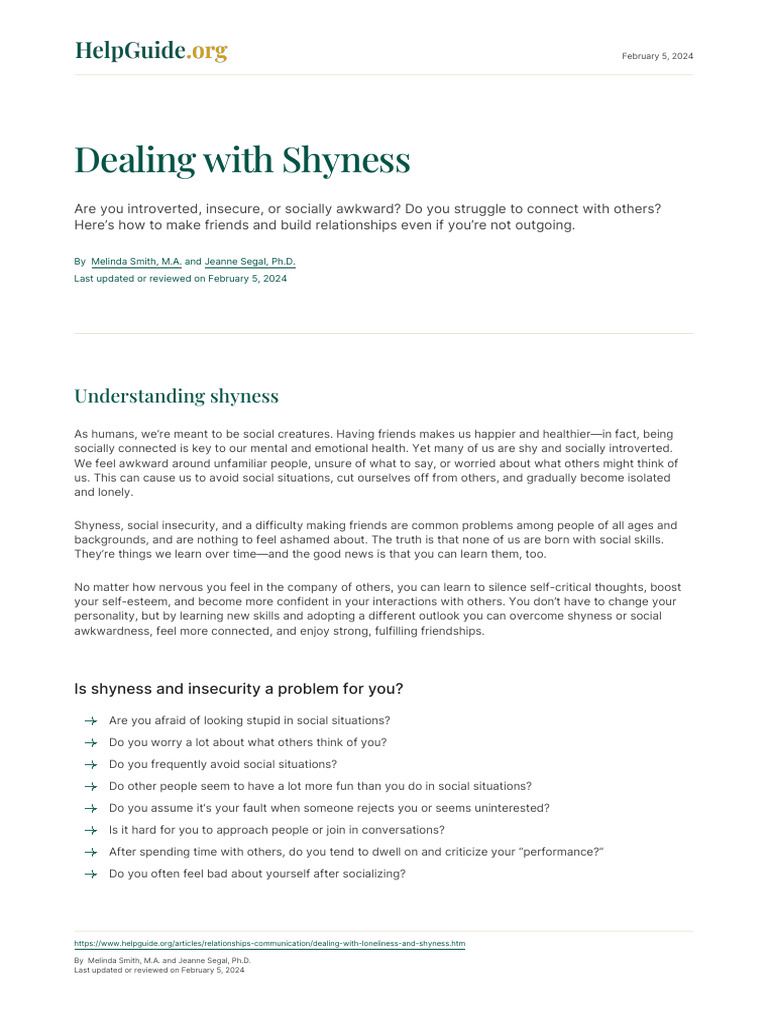 Dealing With Shyness | PDF | Shyness | Psychology