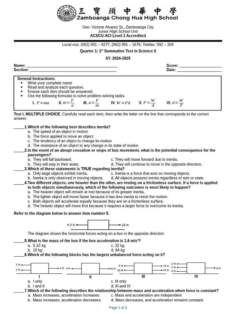 Science 8 Quarter 1 Summative Test | PDF | Force | Quantity