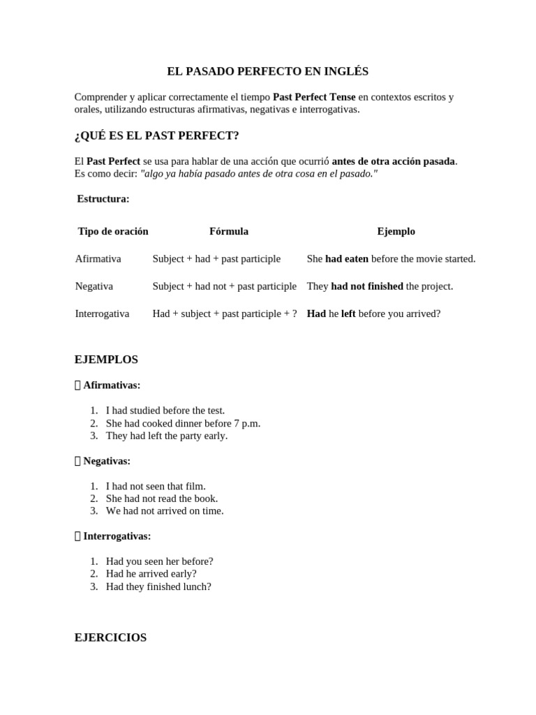 El Pasado Perfecto en Inglés | PDF