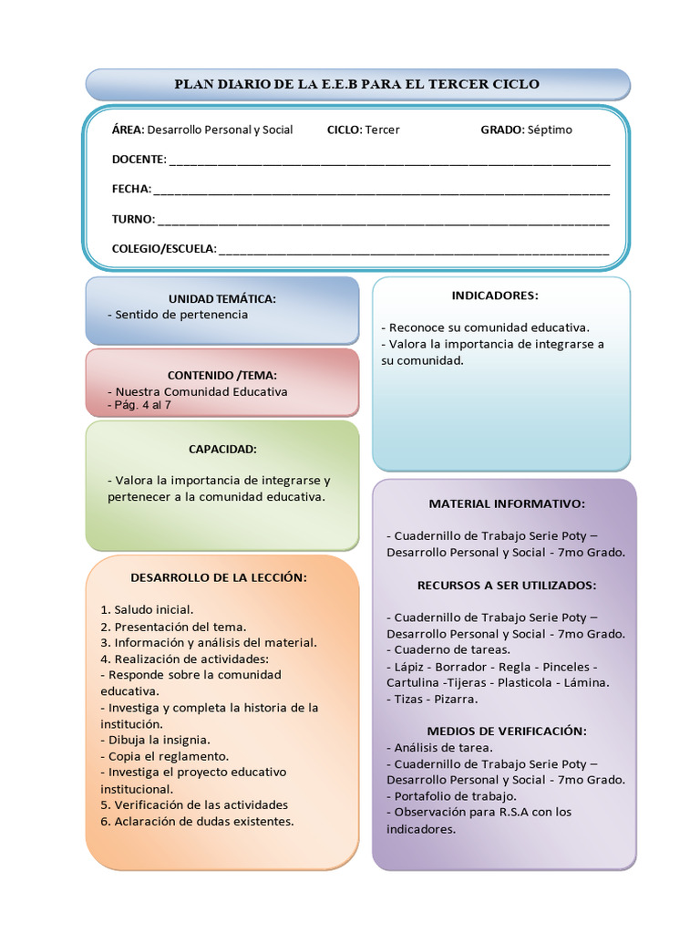 Plan Diario: Desarrollo Personal 7° Grado | PDF | Maestros | Desarrollo ...