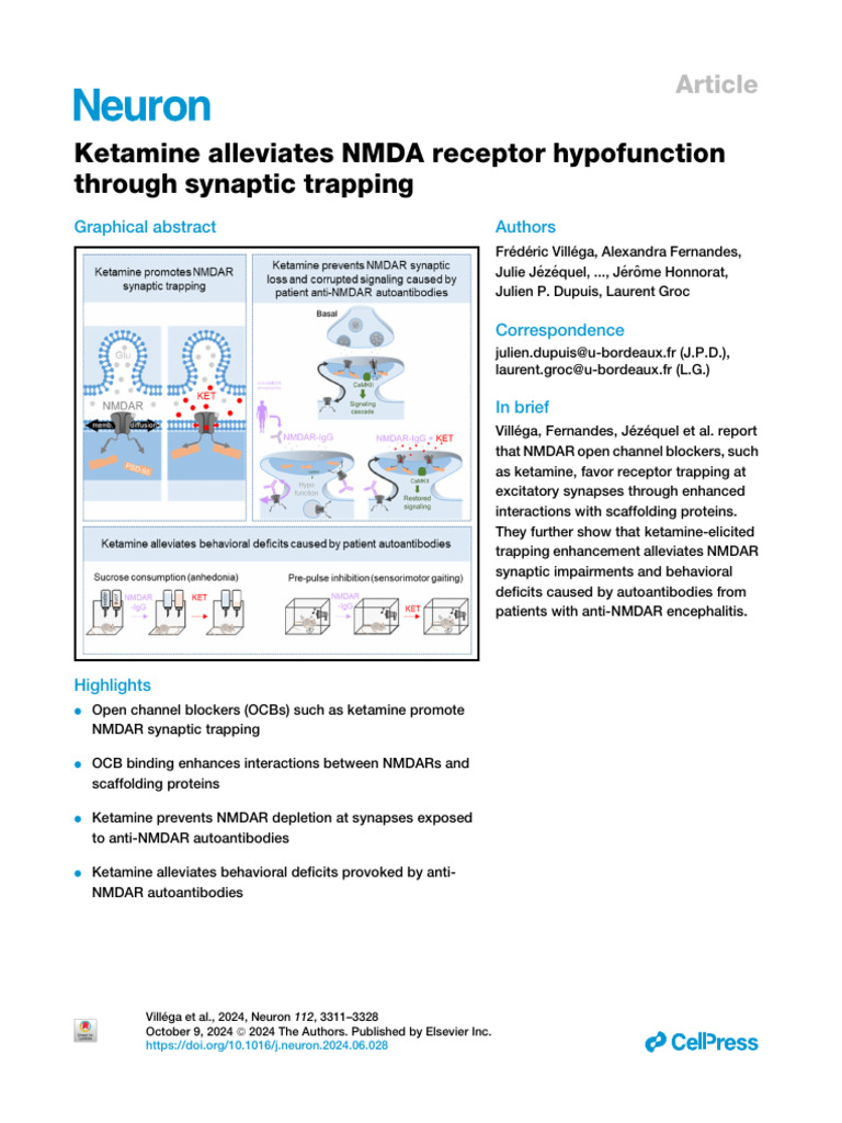 Ketamine Alleviates NMDA Receptor Hypofunction THR | PDF | Nmda ...