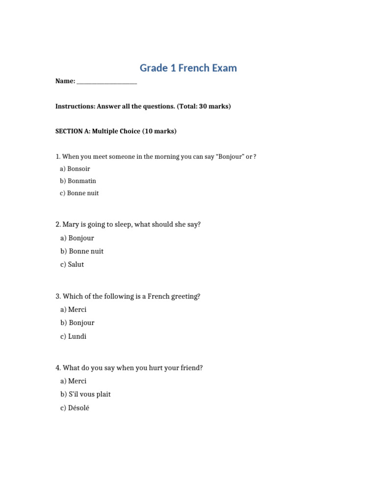 Grade 1 French Exam Questions | PDF