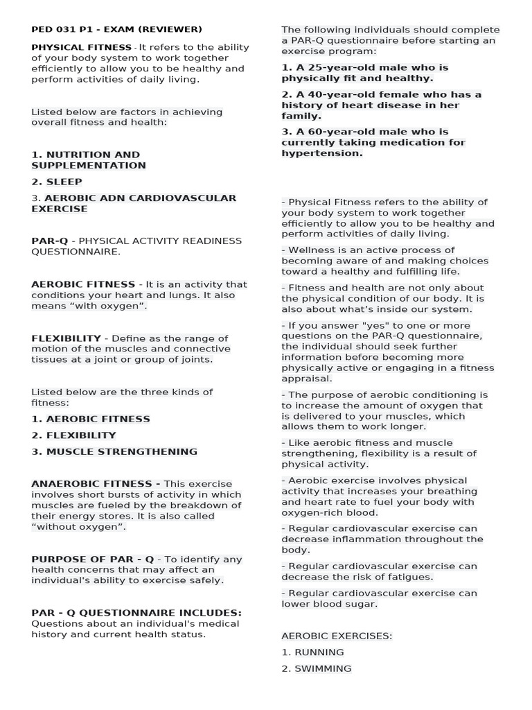 Ped-031-P1-Exam-Reviewer 4 | PDF | Aerobic Exercise | Physical Fitness