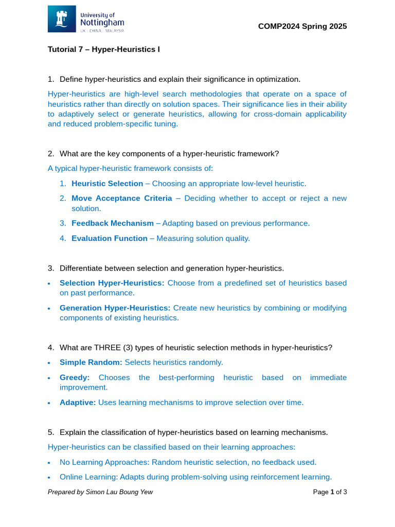 Tutorial 7 - Hyper-Heuristics I - Sample Answer | PDF | Cognition ...