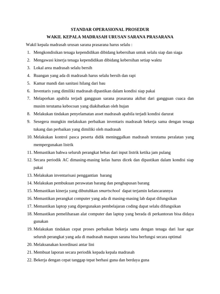 Contoh SOP Sarana Prasarana Madrasah | PDF