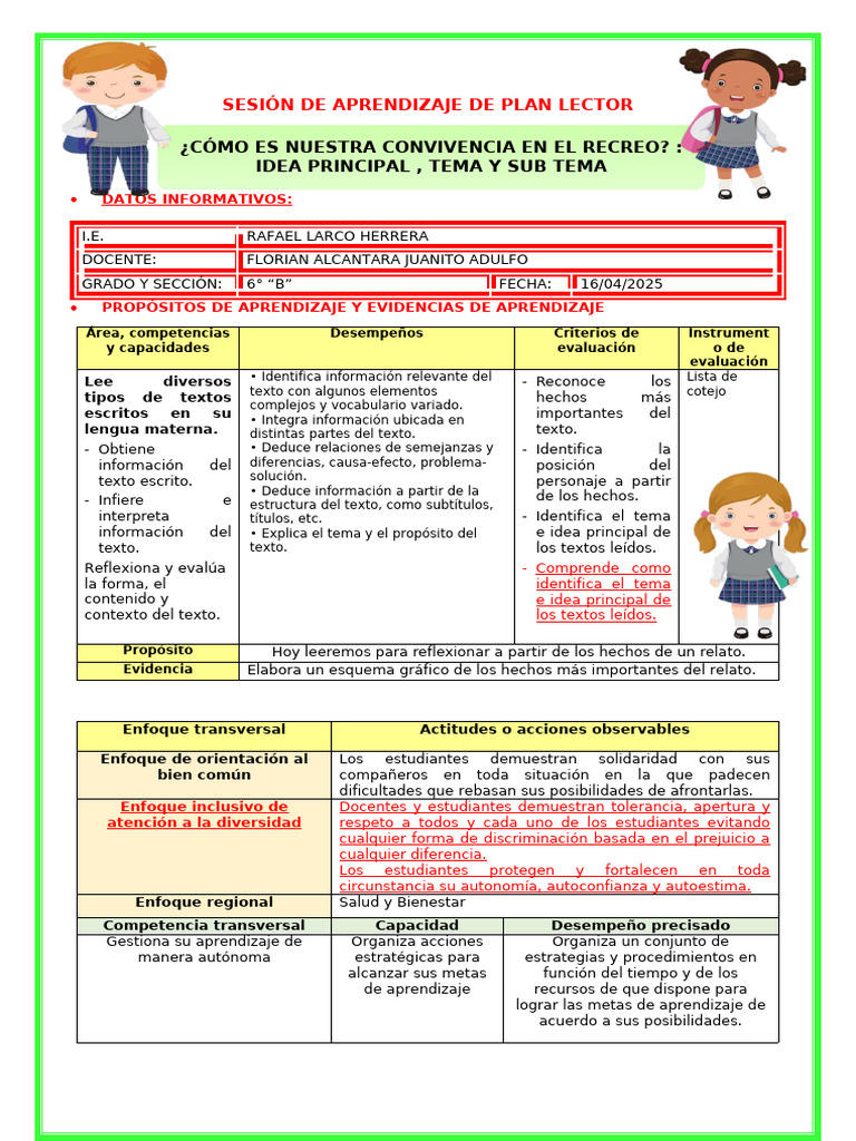 Sesión de Aprendizaje: Plan Lector 6° B | PDF | Aprendizaje | Ciencia ...