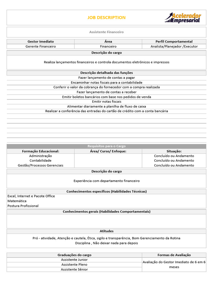 Descrição do Cargo: Assistente Financeiro | PDF | Contabilidade | Business