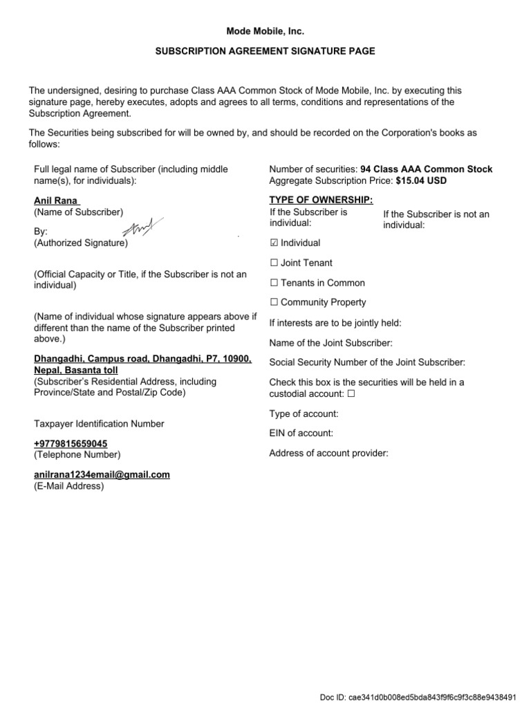 Mode Mobile Subscription Agreement | PDF | Securities (Finance ...