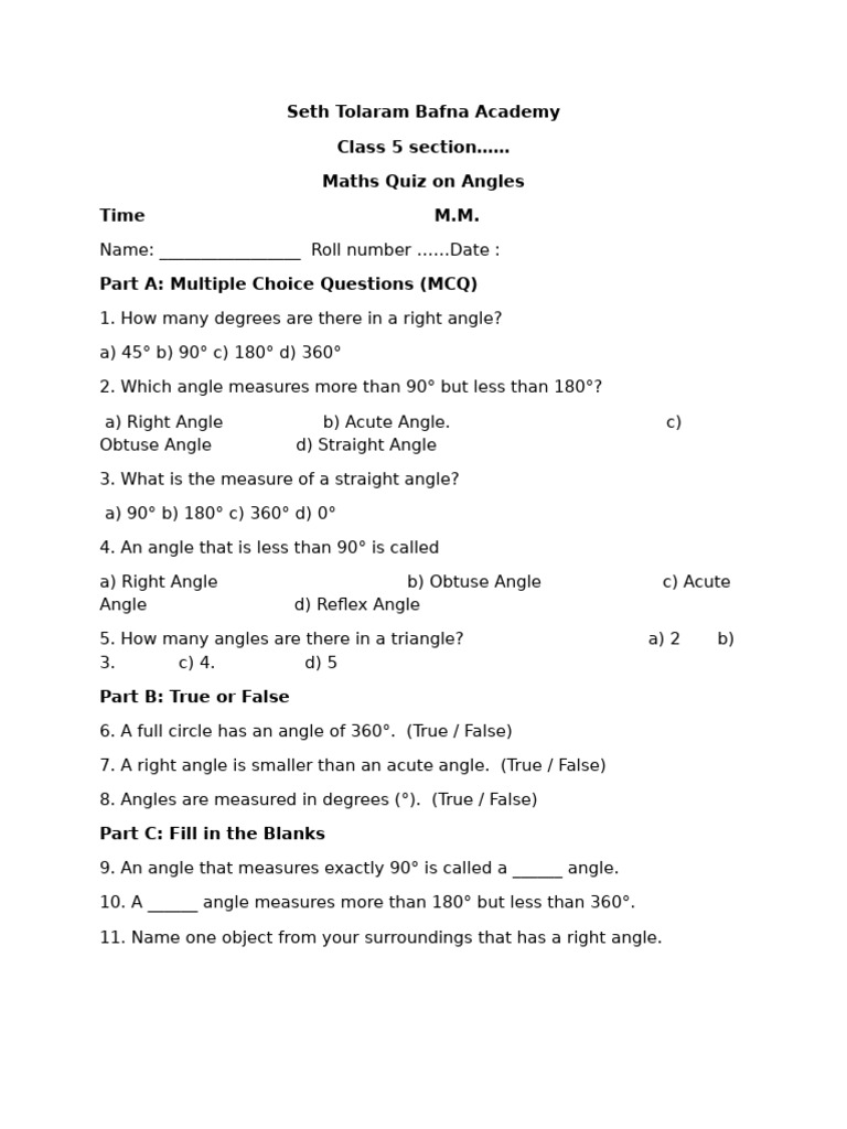Quiz On Angles | PDF