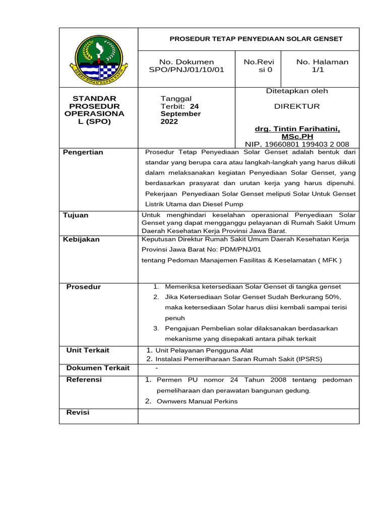 Prosedur Penyediaan Solar Genset Rumah Sakit | PDF