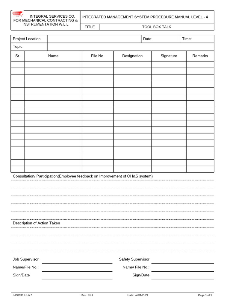 Tool Box Talk Procedure Manual | PDF